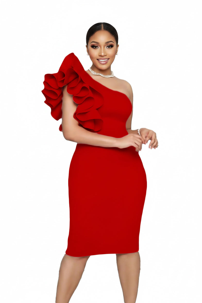 Red one-shoulder dress with ruffled detail on a white background