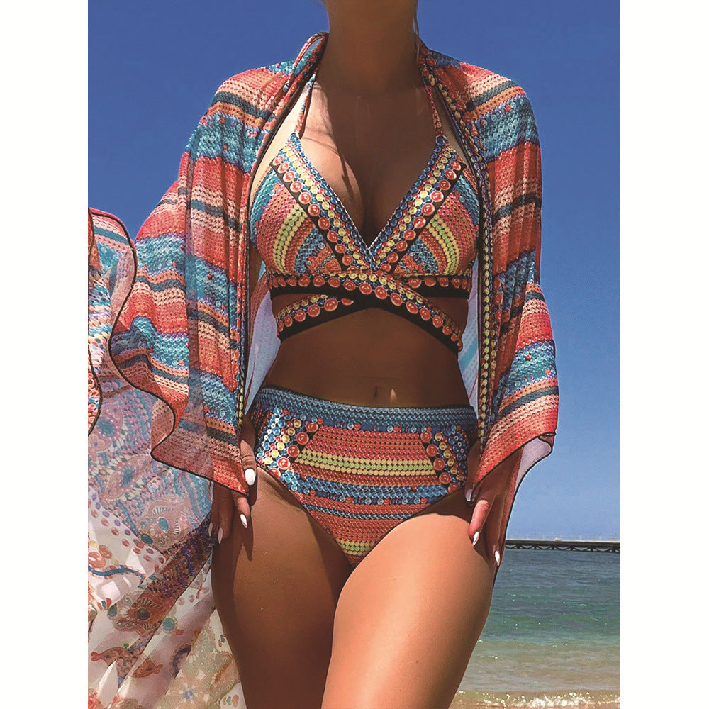 2024 New Women's Three-Piece High-Waisted Bikini Set