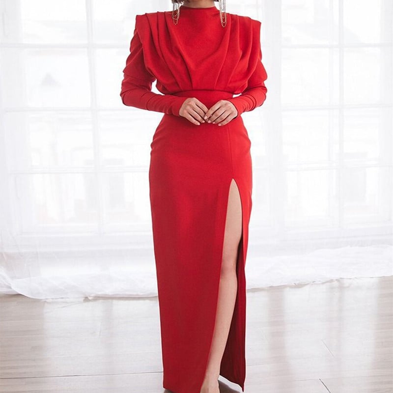 High Collar Pullover Slit Dress for Women
