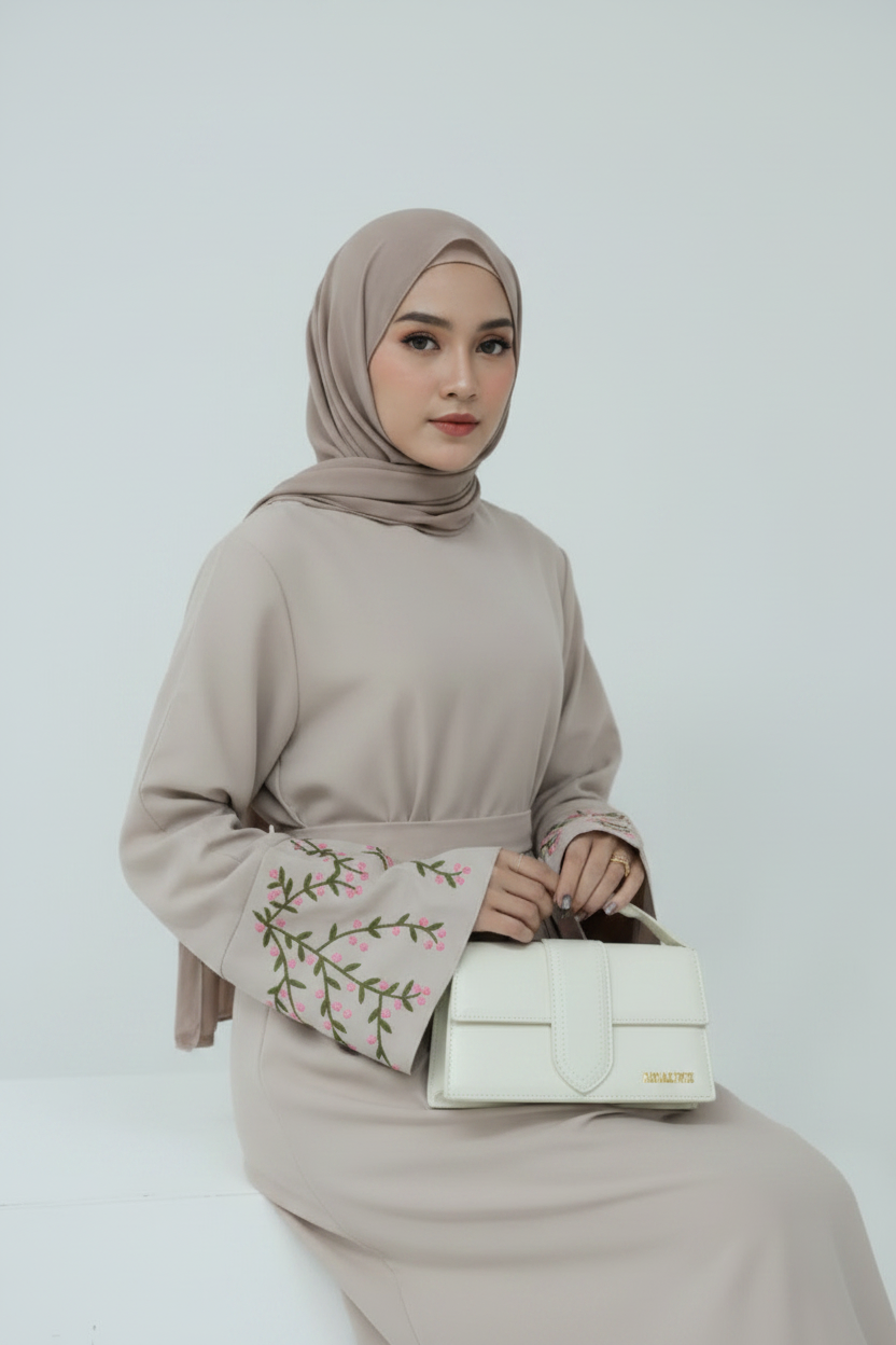 Woman in beige outfit with floral embroidery holding a white handbag against a plain background