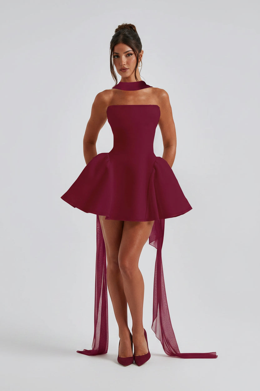 Woman wearing a burgundy dress against a plain background