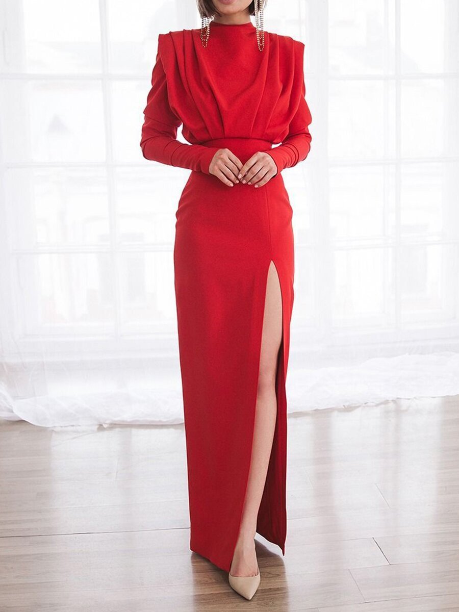 High Collar Pullover Slit Dress for Women