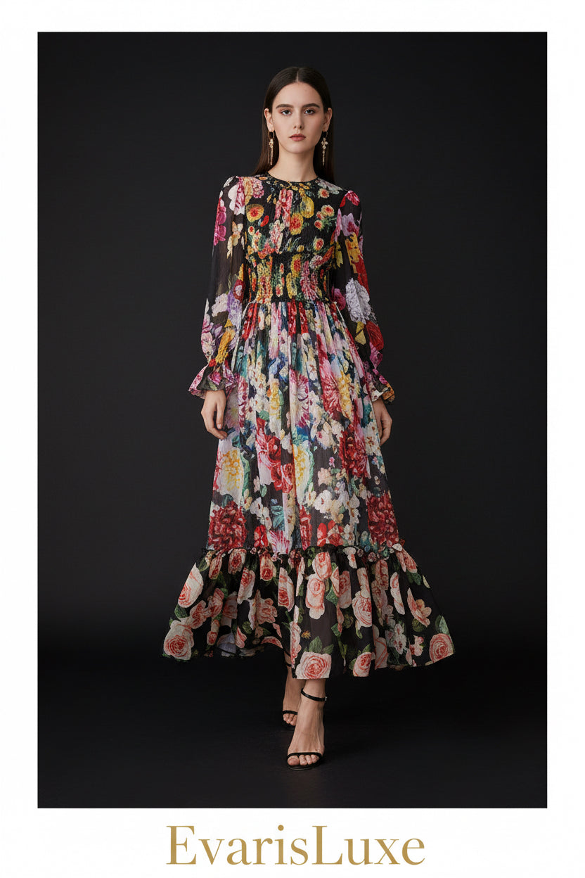 Woman wearing a floral dress on a white background