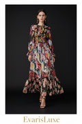 Woman wearing a floral dress on a white background