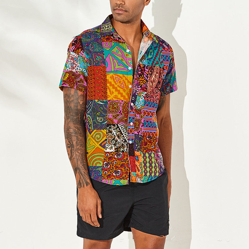Printed Cotton-Linen Short Sleeve Shirt