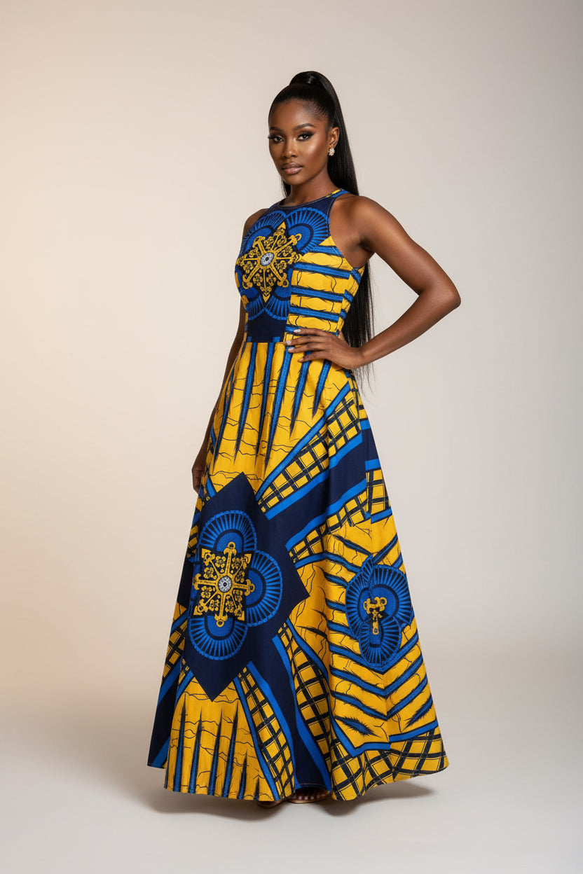 Yellow and blue patterned dress on a white background