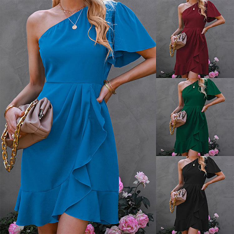 2023 Spring Solid Color One-Shoulder Dress with Ruffles