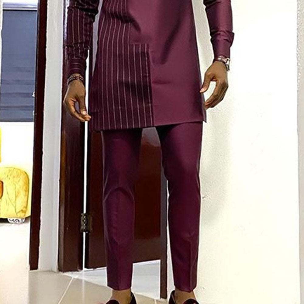 Deep Red African Ethnic Style Robe Shirt and Pants Set