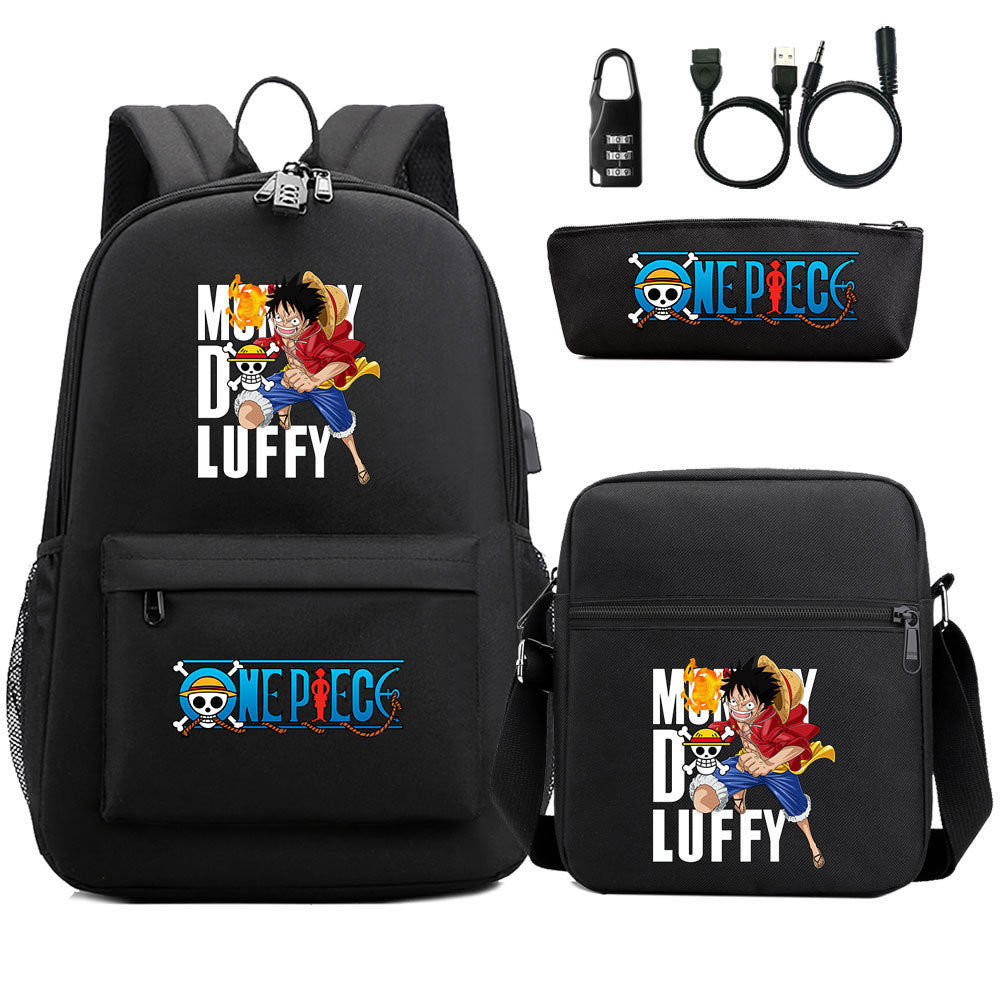 Cartoon One Piece USB Password Lock Backpack Set
