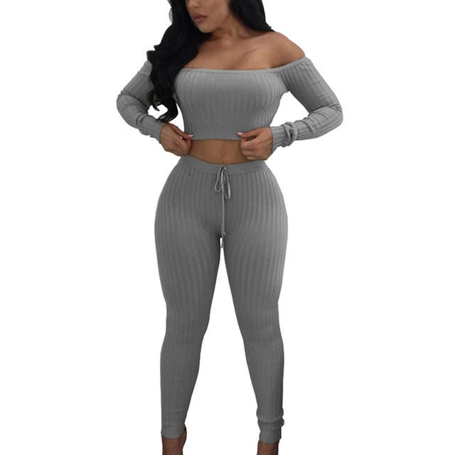 High Elastic Ribbed Long Pants Two-Piece Set