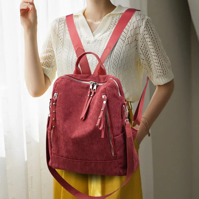 2-Piece Corduroy Backpack Set with Shoulder Bag & Clutch