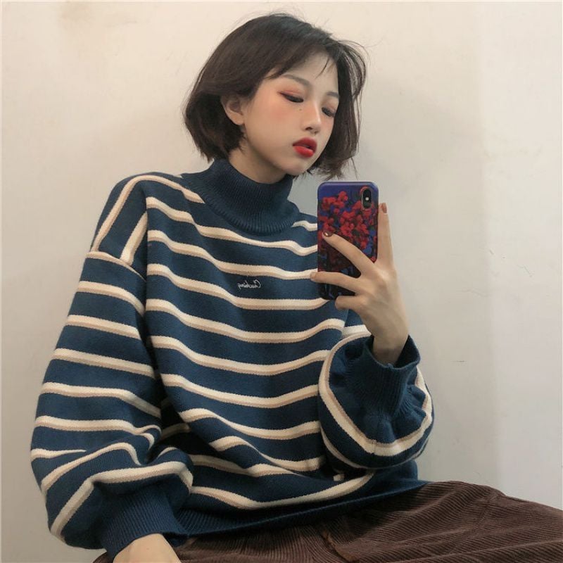Women's Colorblock Striped Turtleneck Pullover Sweater