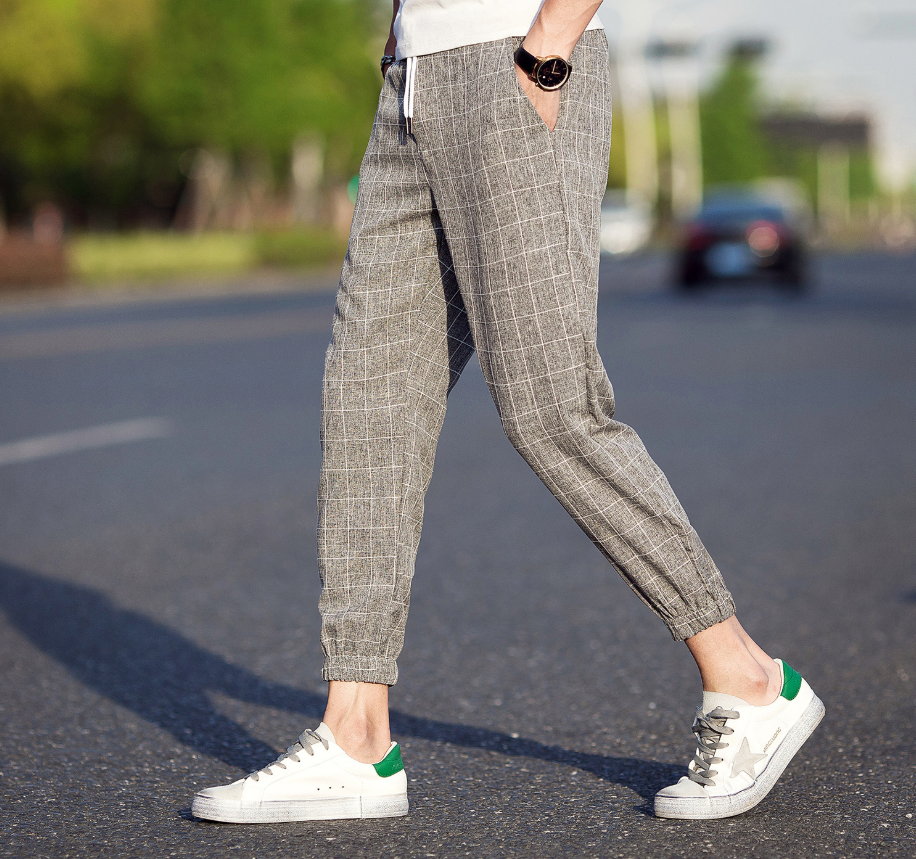 Men's Casual Loose Fit Plaid Linen Ankle Pants