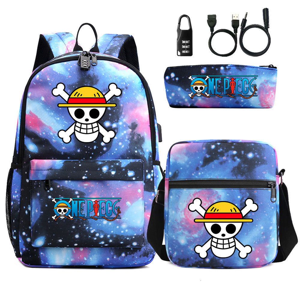 Cartoon One Piece USB Password Lock Backpack Set