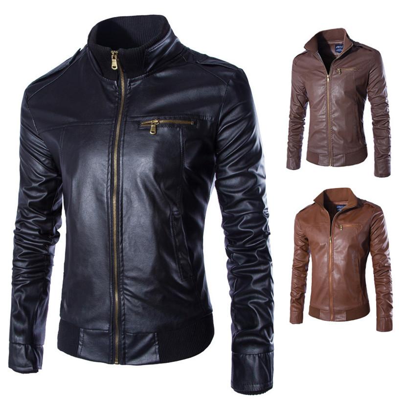 Men's Fashion Leather Jacket with Stand Collar