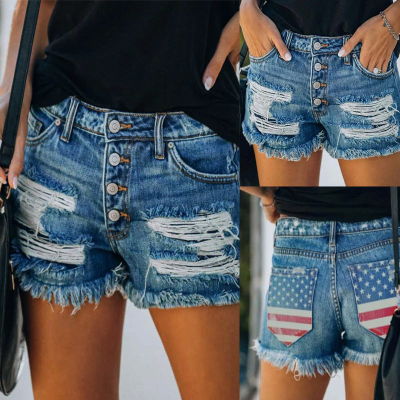 Women's Ripped Fringe Print Summer Jeans Shorts