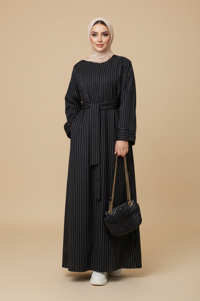 Person wearing a long dark blue dress holding a black handbag in an elegant room.