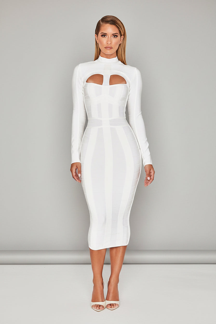 Woman wearing a white dress with cut-out design on a pink background