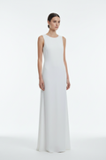 White sleeveless dress on a mannequin against a gray background
