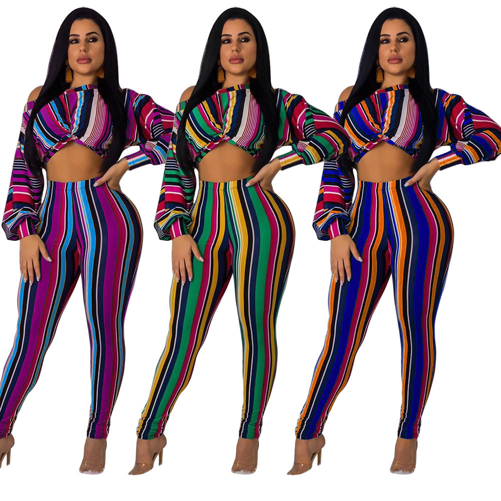 Striped Print Long Top and Leggings Two-Piece Set