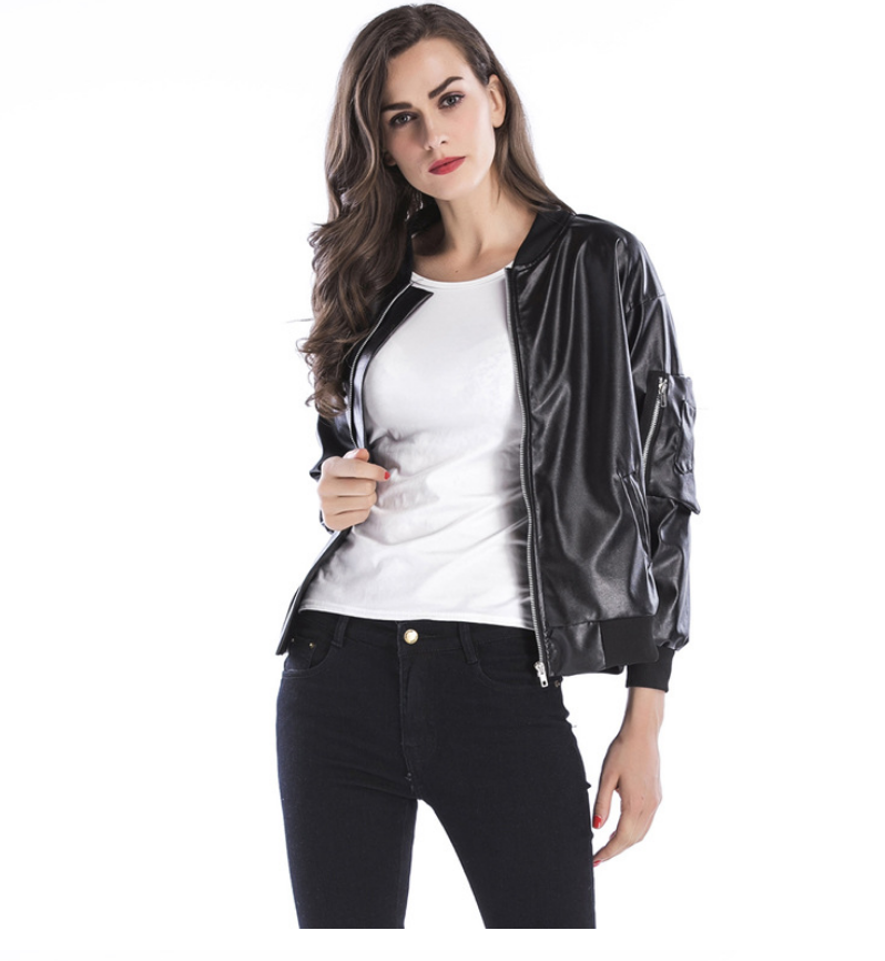 Women's Black Leather Jacket with Stand Collar