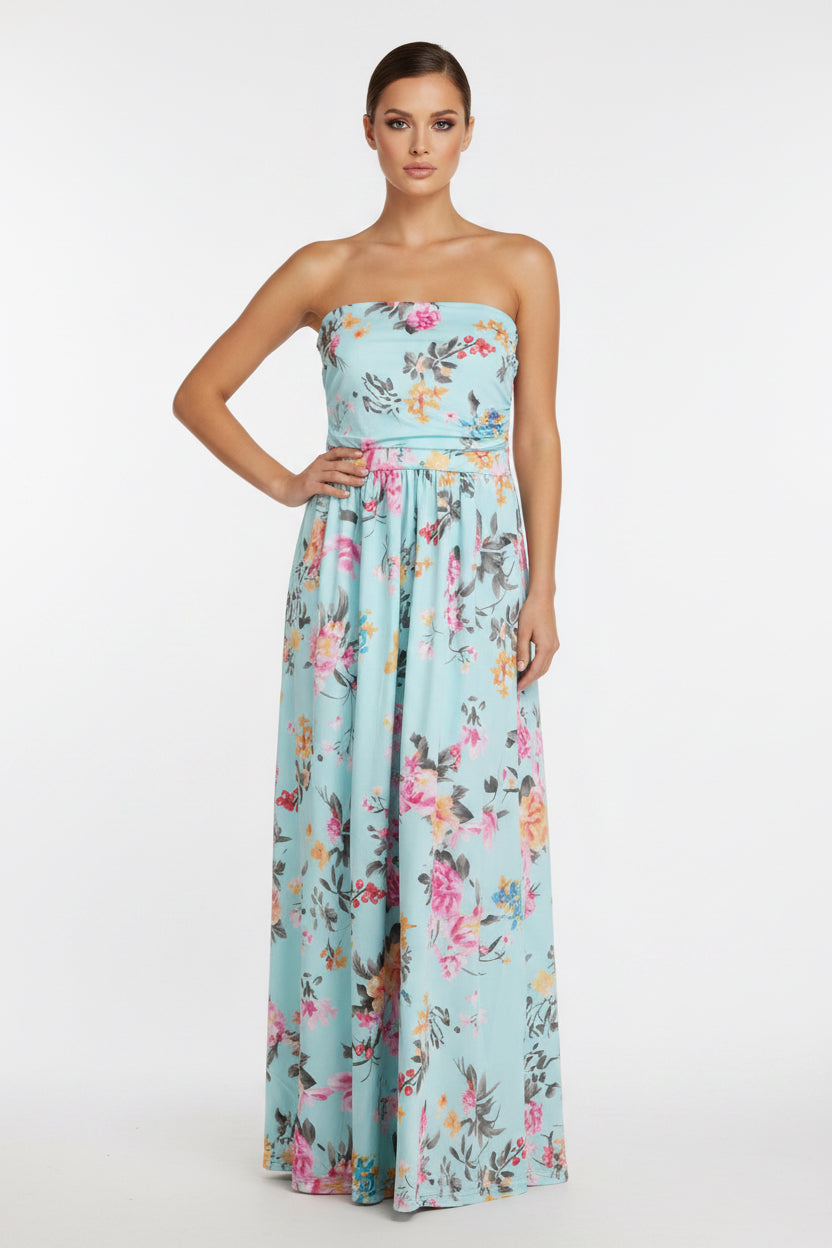 Floral strapless dress on a white background