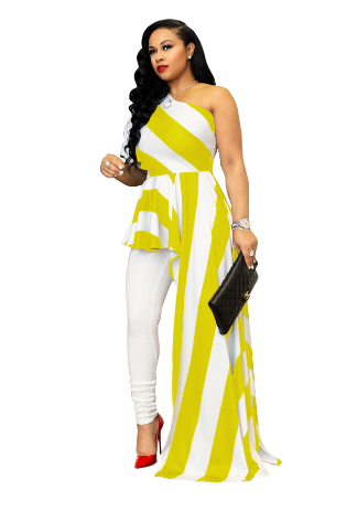 Oblique Shoulder Striped Long Dress for Women