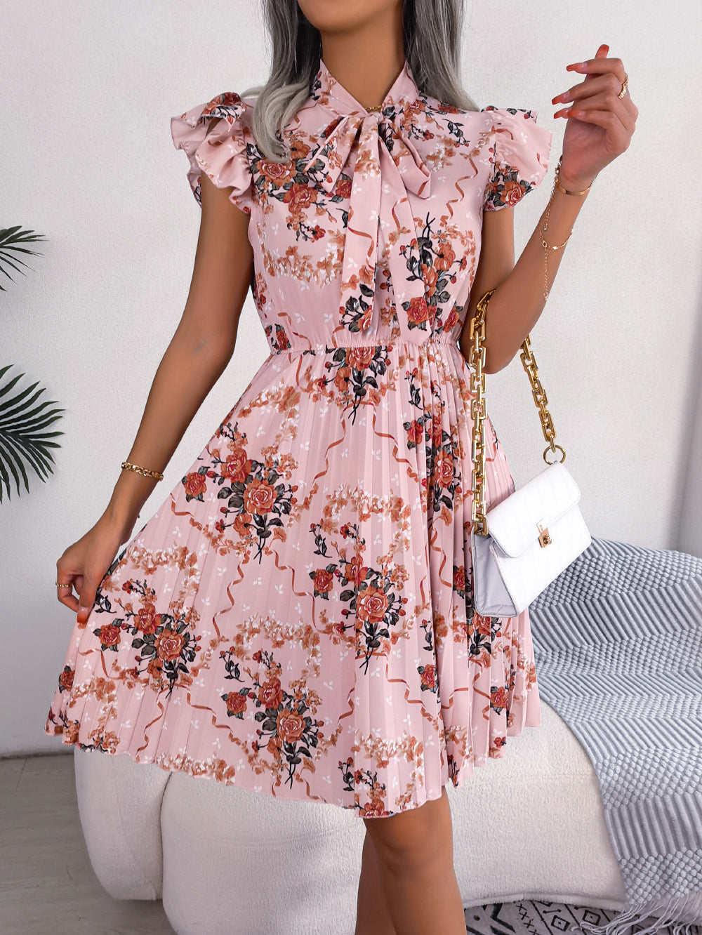 2024 Spring/Summer Floral Waist-Tie Pleated Skirt