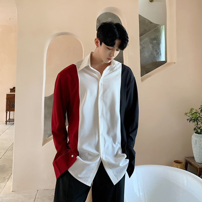 Color Block Loose Fit Long Sleeve Shirt for Men
