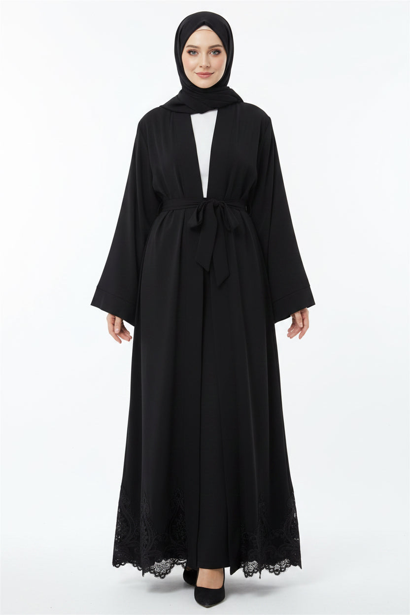 Black abaya with lace details on a white background