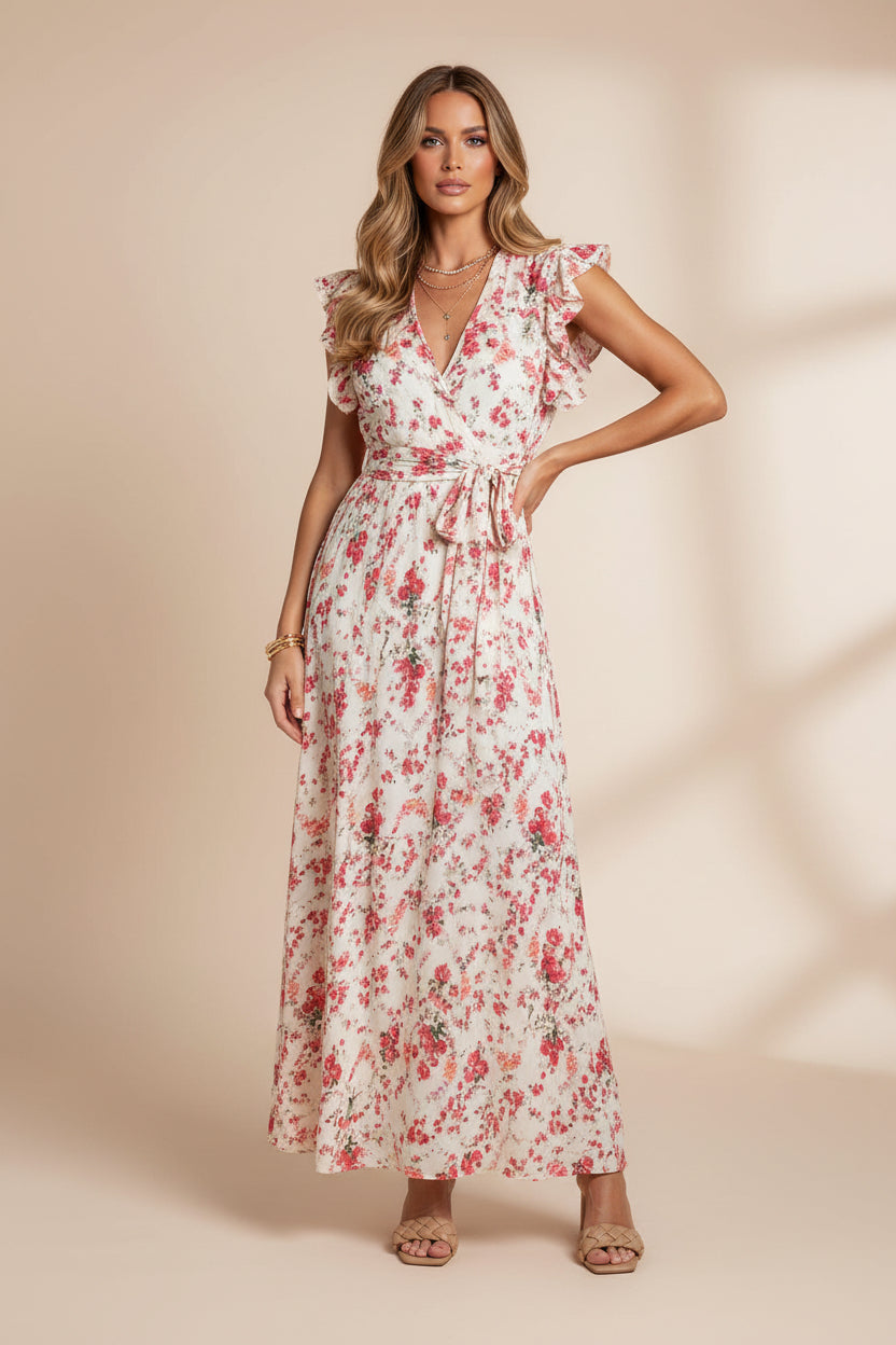 Woman wearing a floral dress sitting on a white background