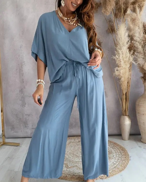2023 Summer V-Neck Batwing Sleeve Cotton Set
