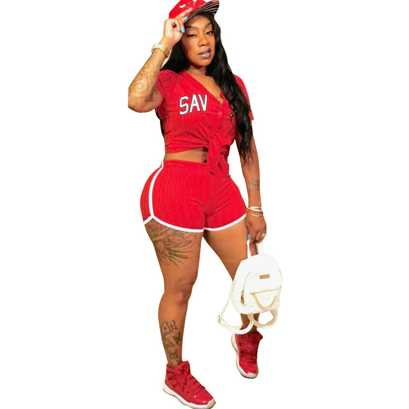 Striped Letter Baseball Jersey Two-Piece Set for Women