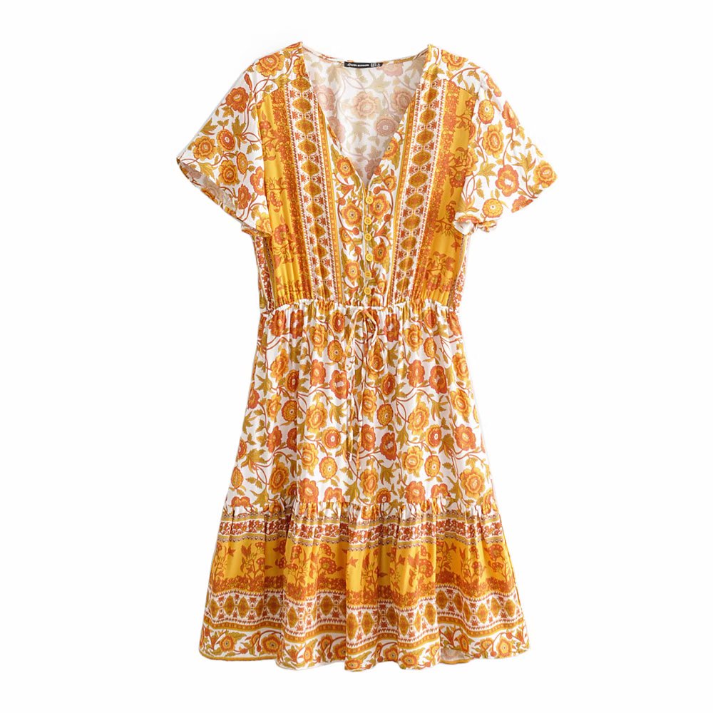 V-Neck Floral Print Summer Dress with Belt (Women)