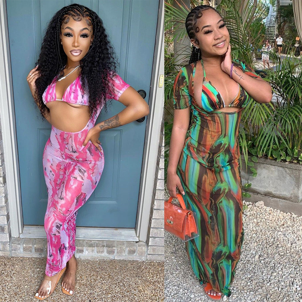 Long Printed Mesh Dress