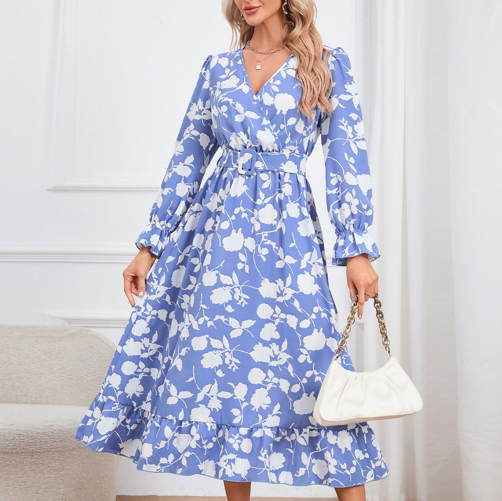 Retro V-neck Printed Dress for Women