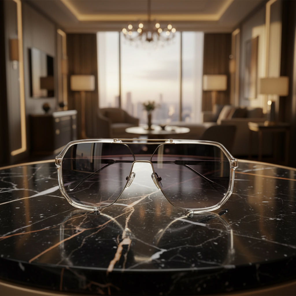 Sunglasses held by a hand with a neutral background