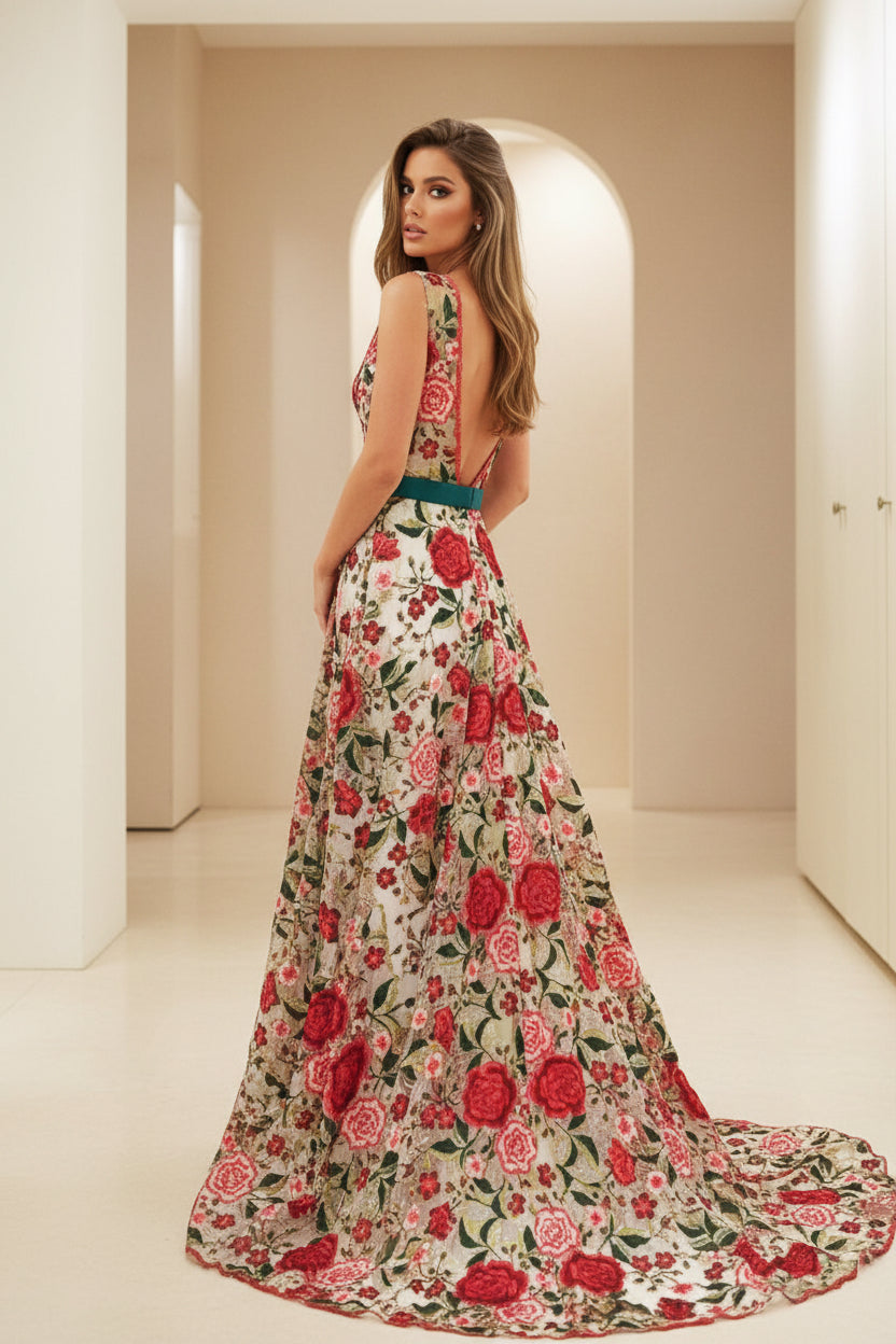 Woman wearing a floral dress with a white background