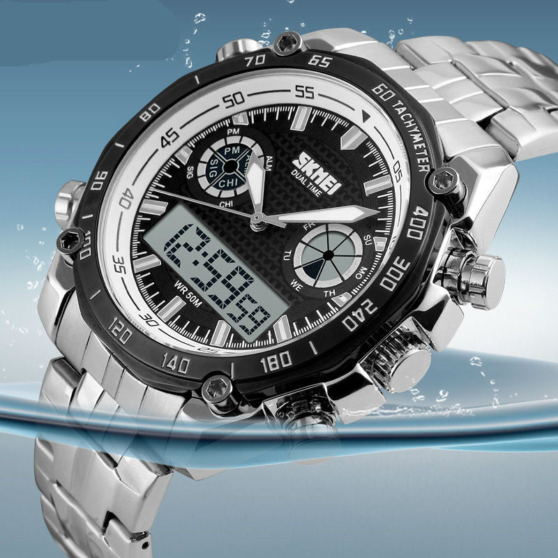 Large Dial Steel Band Men's Watch - Dual Display Business Watch