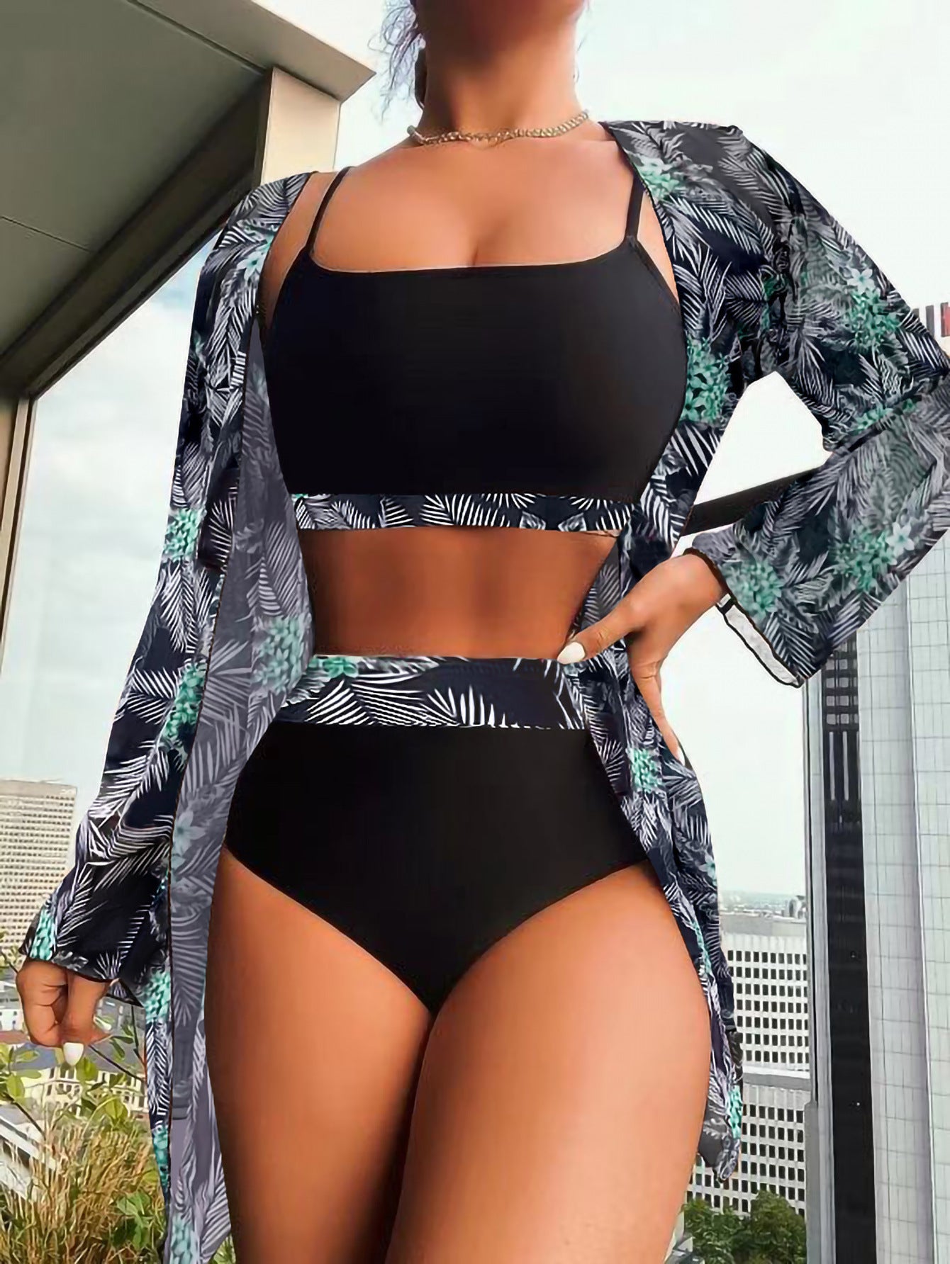 High Waist Women's Three-Piece Swimsuit Set with Cover-Up