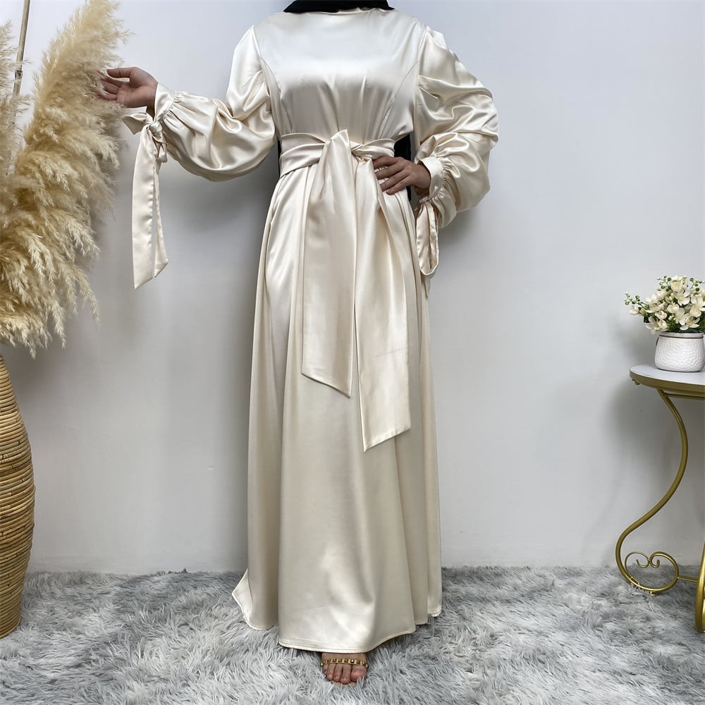 Elegant Dress with Thick Satin Lace-Up Sleeves