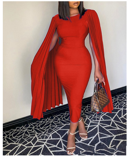 Elegant Solid Color Pencil Dress with Draped Cape