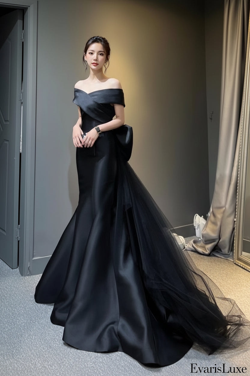 The Noir Prestige Princess-Sleeve Evening Dress | Evarisluxe