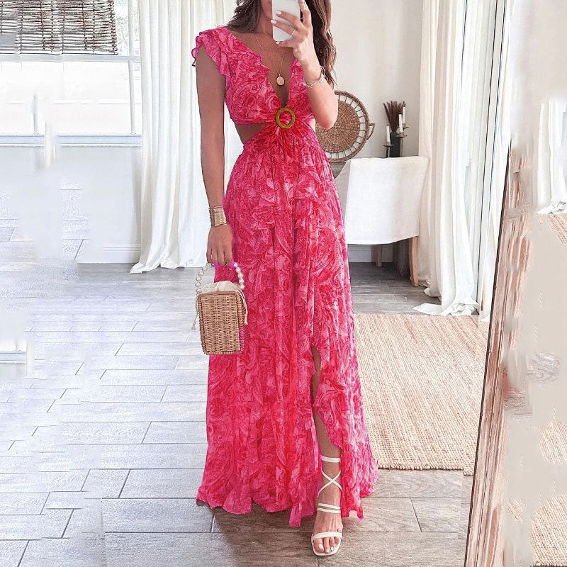 2023 Summer Print Deep V Sexy Long Dress for Women