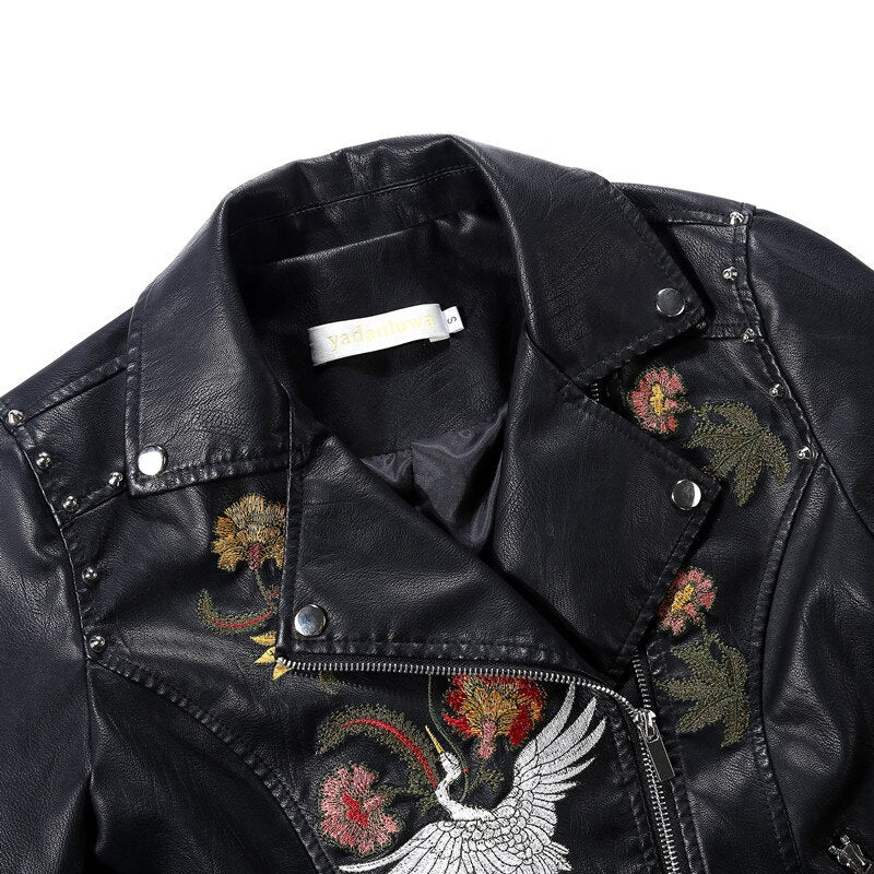 Embroidered Leather Jacket with Floral Design