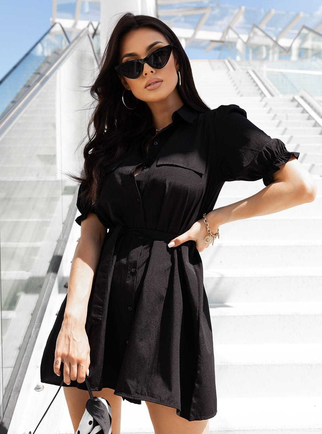 The Chemise Lapel Belted Short Sleeve Shirt Dress | Evarisluxe