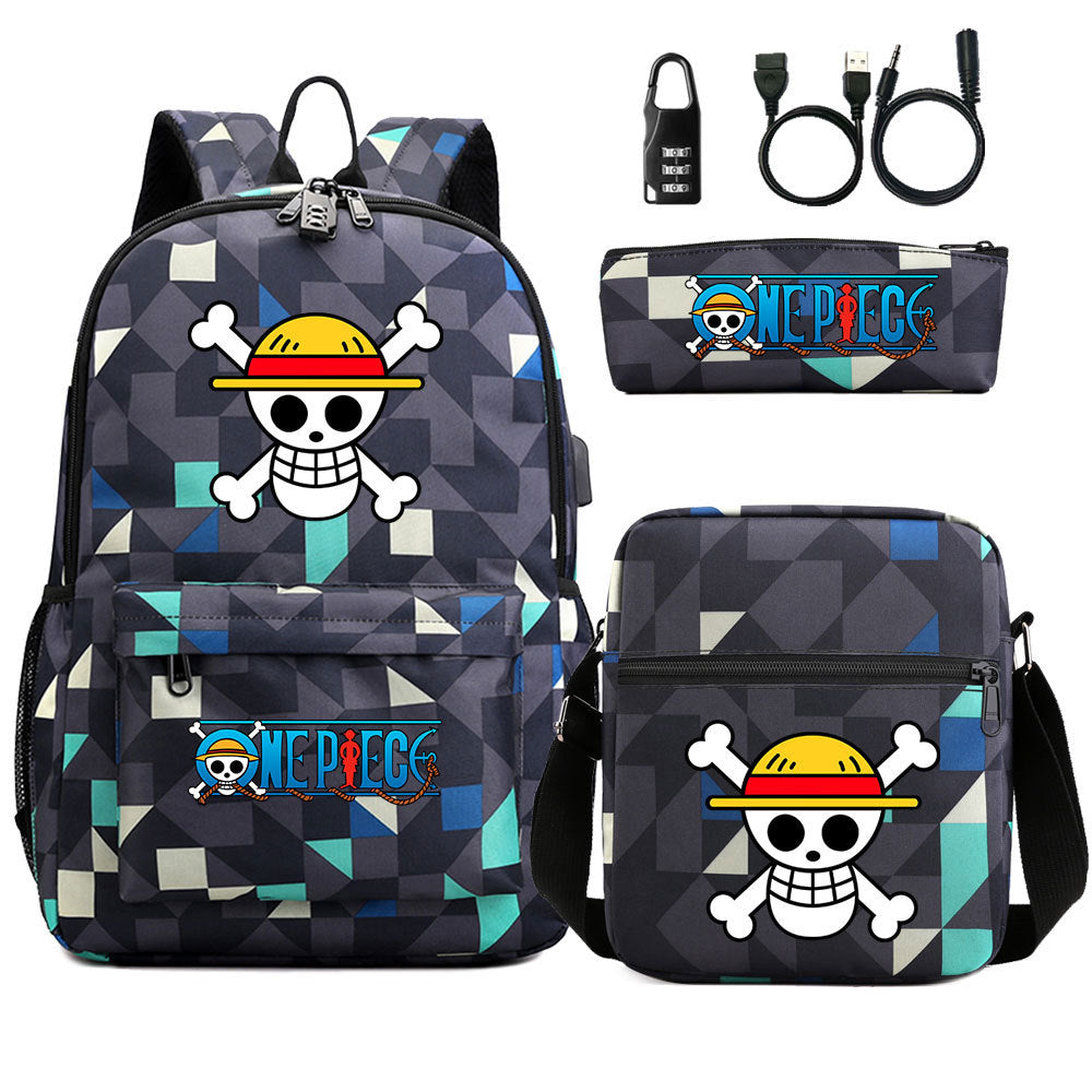 Cartoon One Piece USB Password Lock Backpack Set