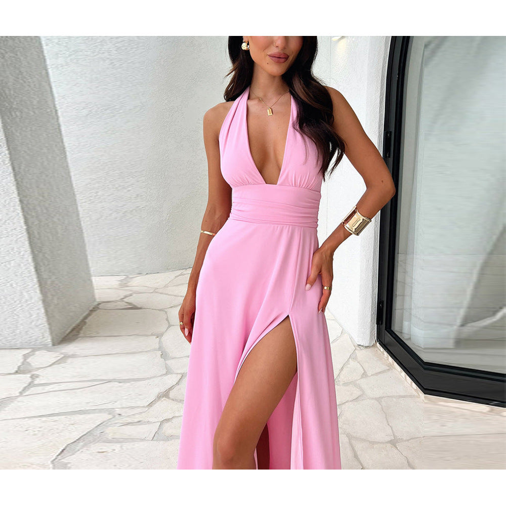 2024 Spring Sexy Split Neck Solid Dress for Women (One Piece)