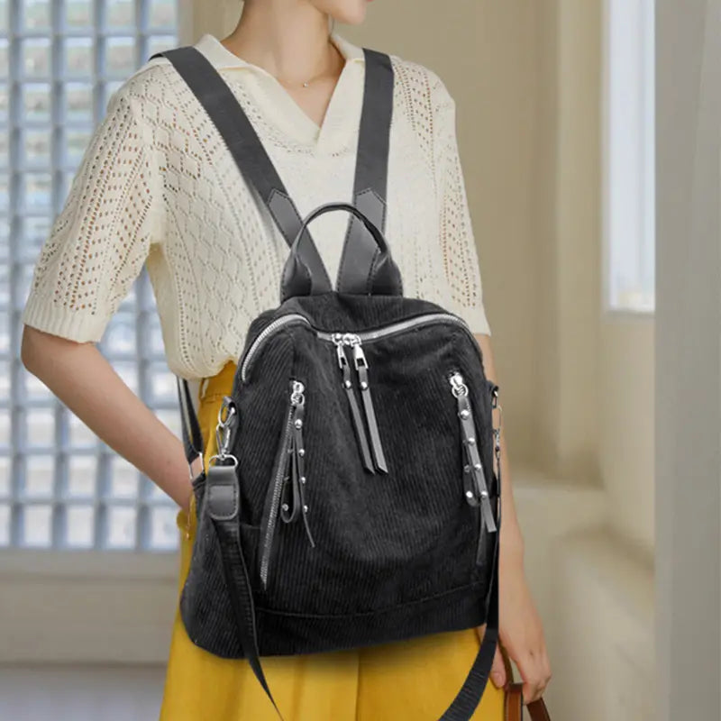 2-Piece Corduroy Backpack Set with Shoulder Bag & Clutch