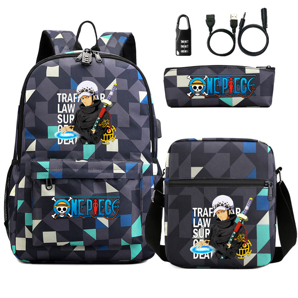 Cartoon One Piece USB Password Lock Backpack Set